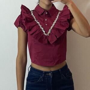 Burgundy Ruffled Neck Shirt With Rhinestones
